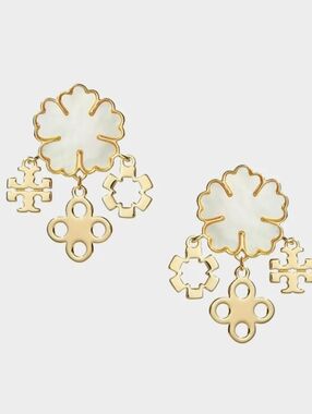 Tory Burch Clover Cluster Earrings Gold Tone Mother of Pearl Drop Statement